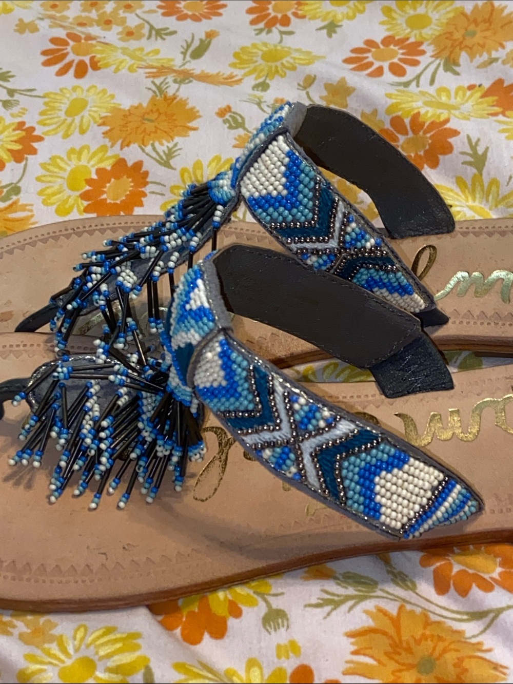 BLUE TRIBAL BEAD FLIP FLOPS SANDALS Sam Edelman Fringe Tassel BOHO Festival - Picture 4 of 7
